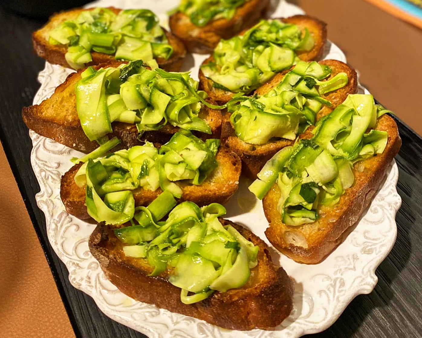 marinated courgette bruschetta with lemon and evoo