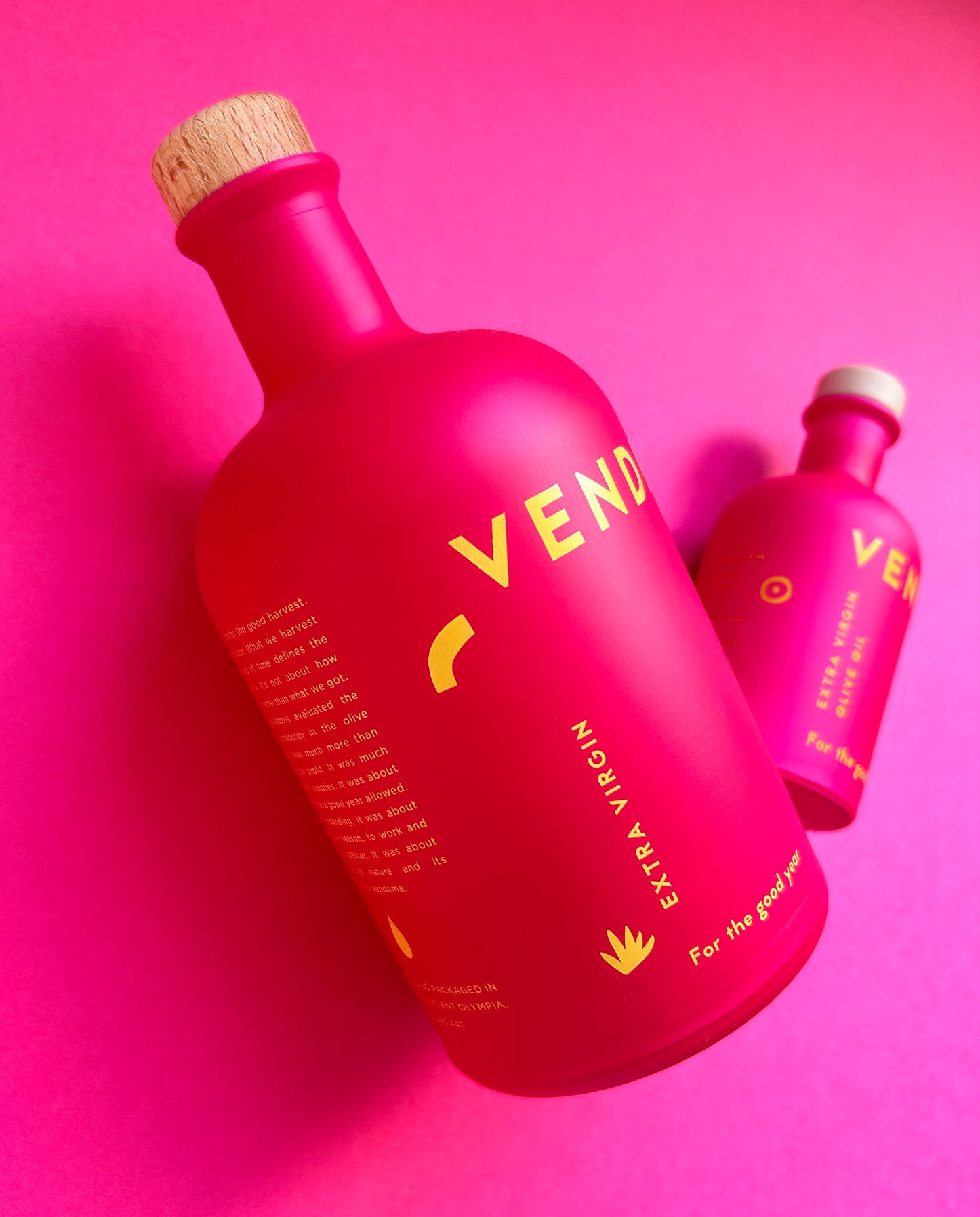 Close-Up of Vendema Extra Virgin Olive Oil Bottles.