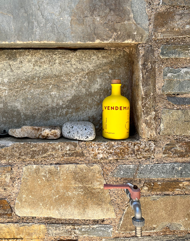Island life with Vendema Organic Extra Virgin Olive Oil Bottle.