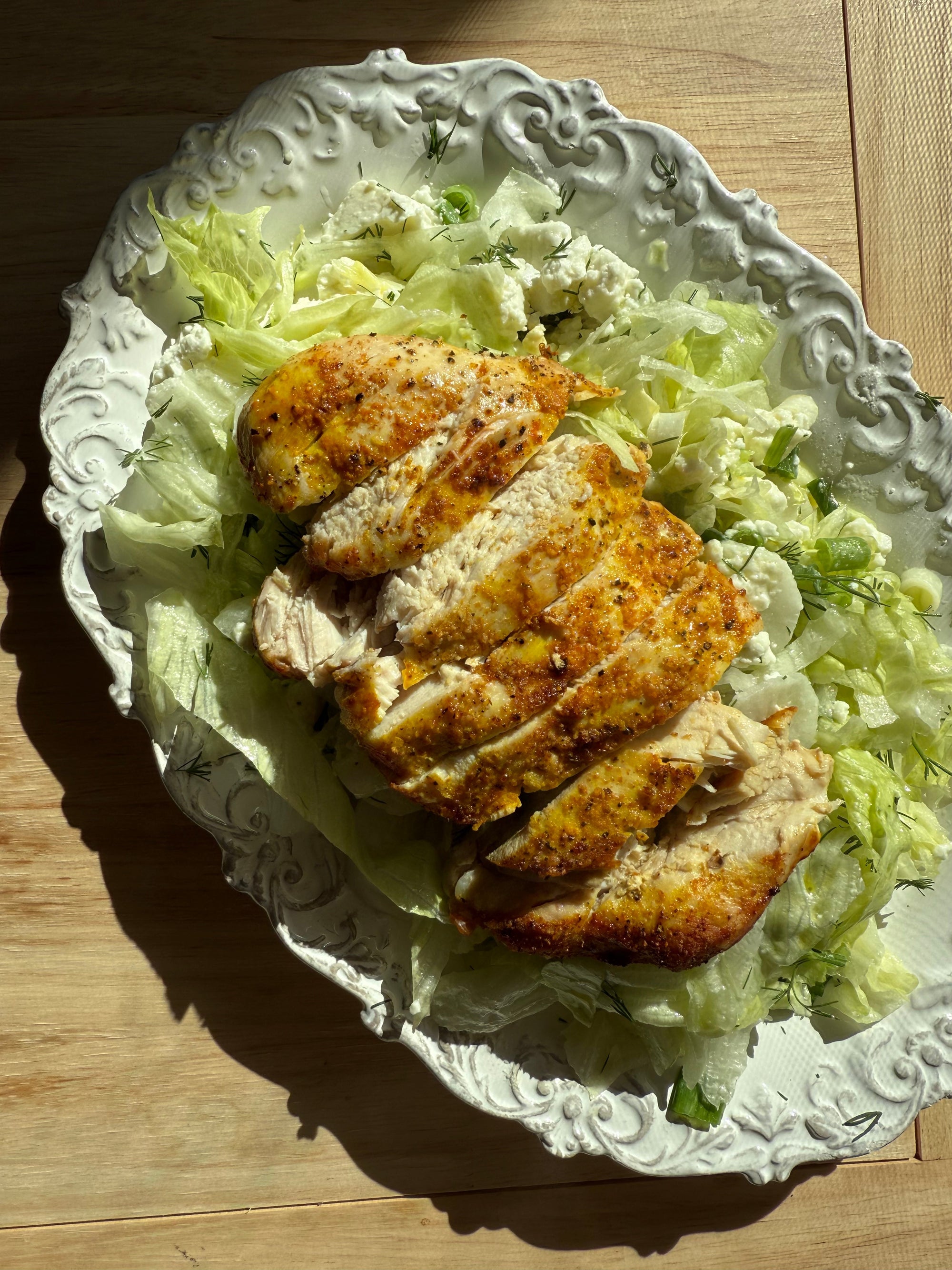 Chicken salad with radish, spring onion and feta cheese with Vendema Olive oil dressing 