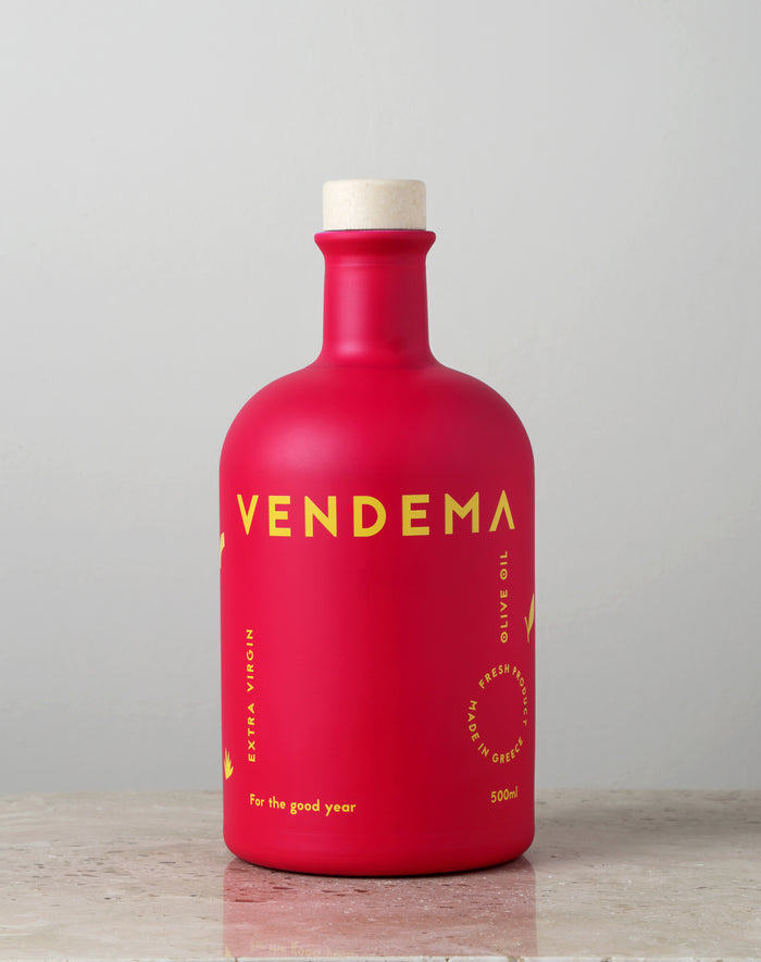 Front Side of Vendema Extra Virgin Olive Oil Bottle.