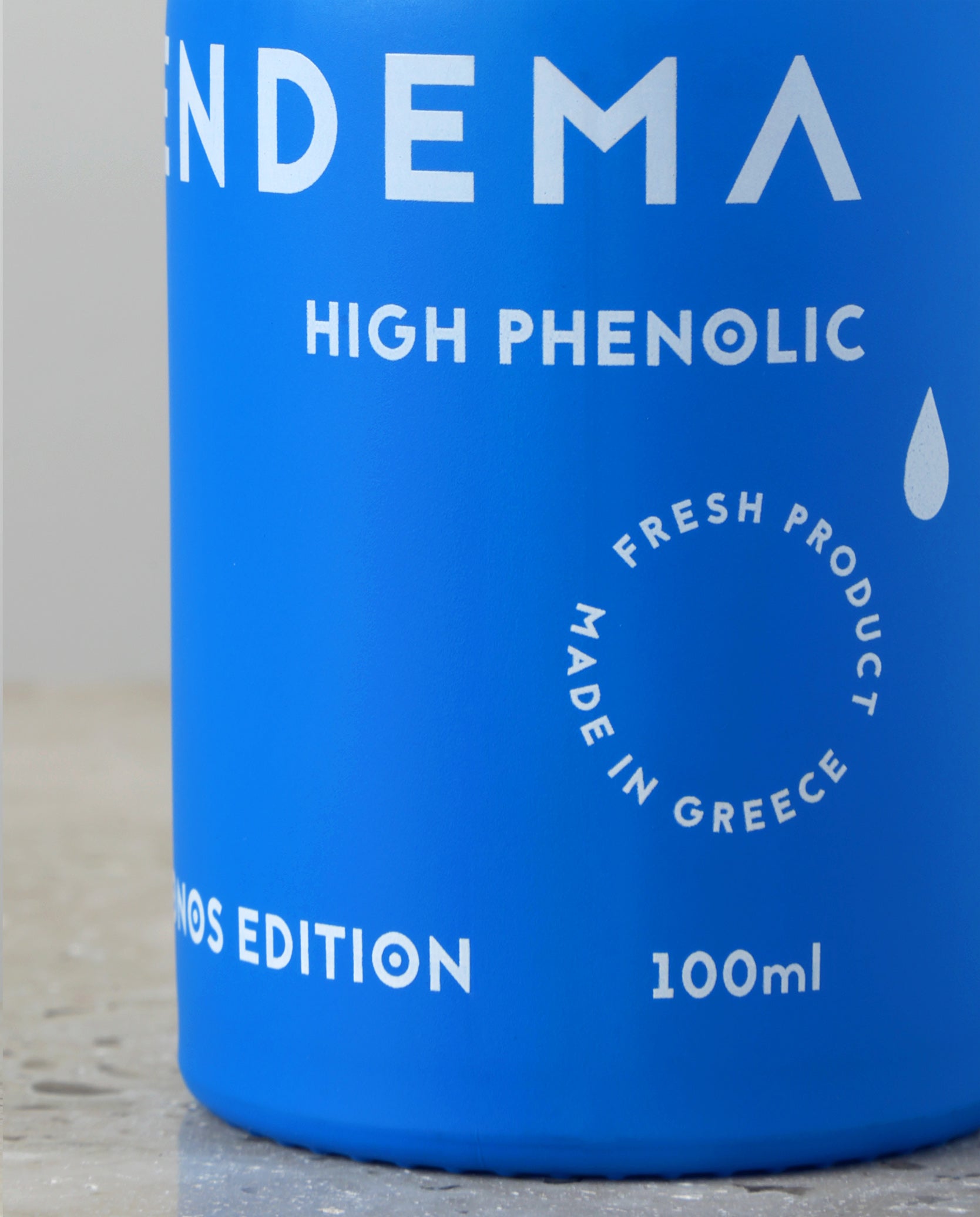 Close-Up of Vendema High Phenolic Extra Virgin Olive Oil Bottle.