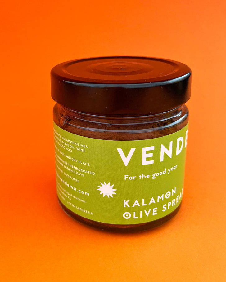 Close-up of Vendema Kalamon Olive Spread Label.