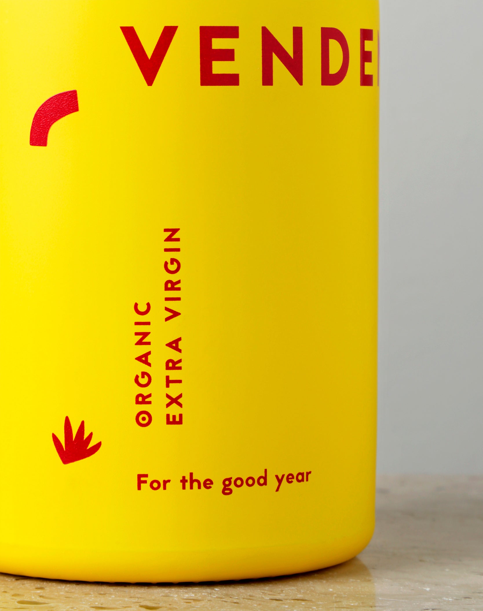 Close-Up of Vendema Organic Extra Virgin Olive Oil Bottle.